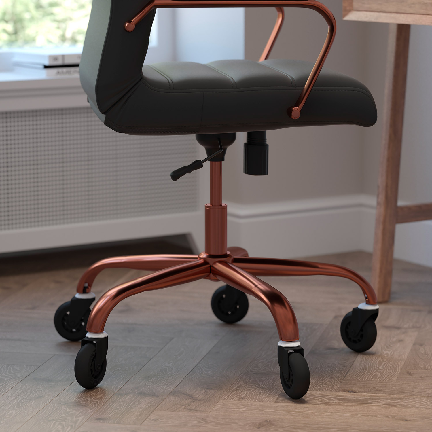 BLNK Whitney LeatherSoft High-Back Executive Swivel Office Chair with Rose Gold Frame, Arms, and Transparent Roller Wheels