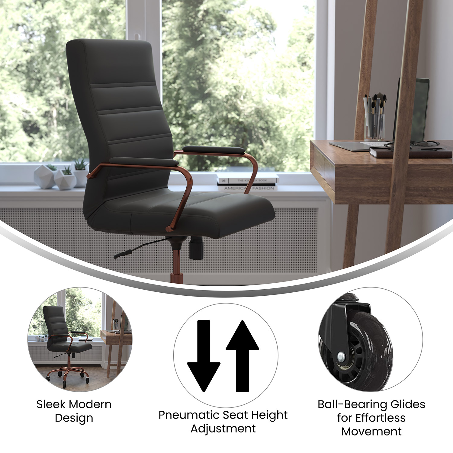 BLNK Whitney LeatherSoft High-Back Executive Swivel Office Chair with Rose Gold Frame, Arms, and Transparent Roller Wheels