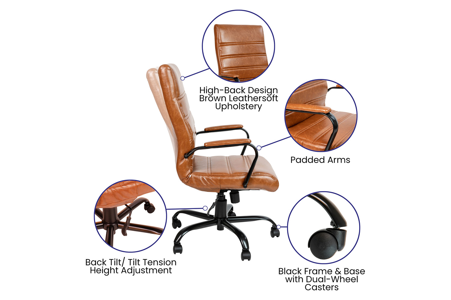 BLNK Whitney LeatherSoft High-Back Executive Swivel Office Chair with Black Frame and Arms - Brown