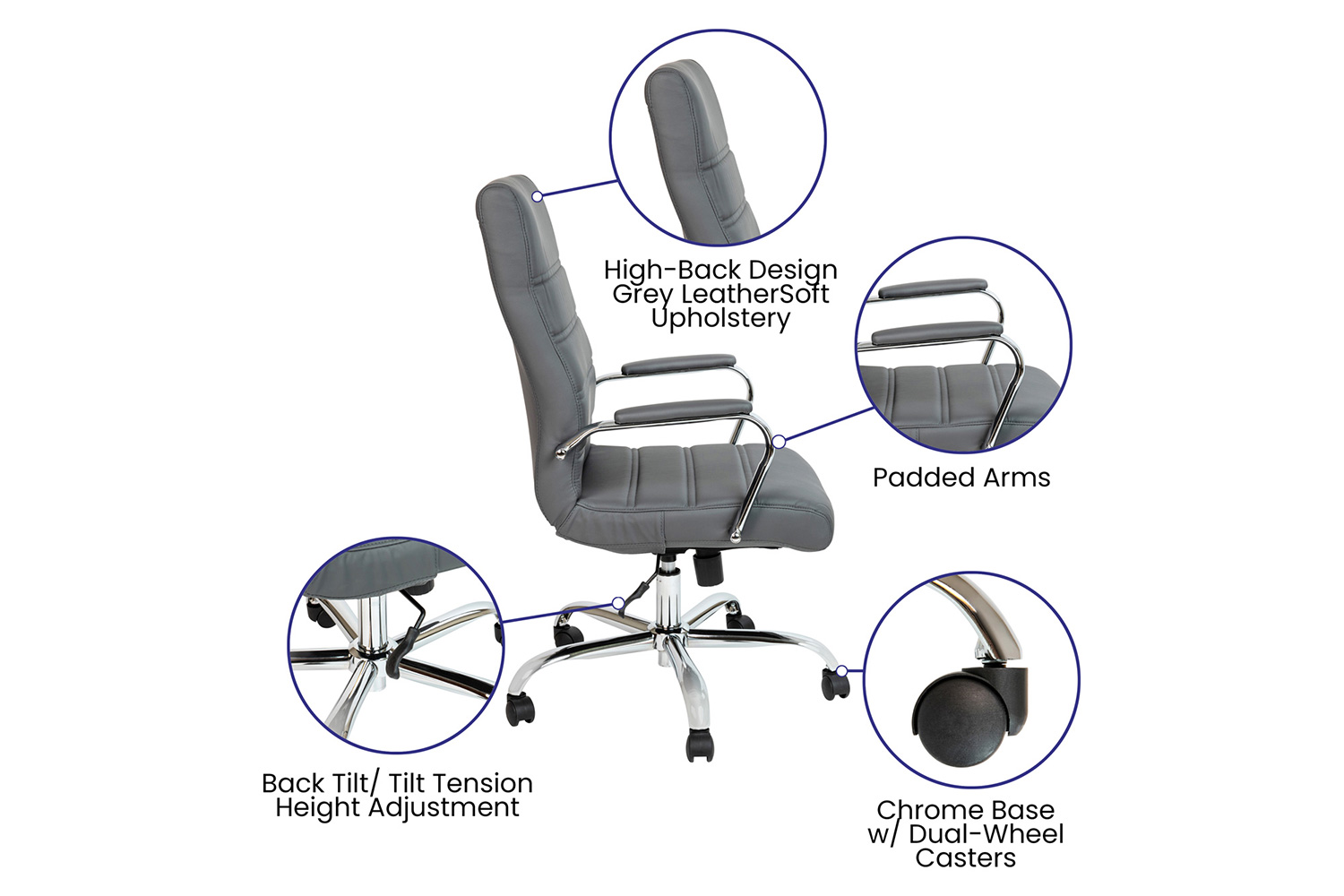 BLNK Whitney LeatherSoft High-Back Executive Swivel Office Chair with Chrome Frame and Arms - Gray