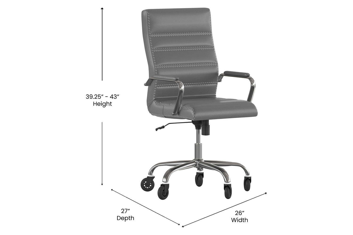 BLNK Whitney LeatherSoft High-Back Executive Swivel Office Chair with Chrome Frame, Arms, and Transparent Roller Wheels - Gray