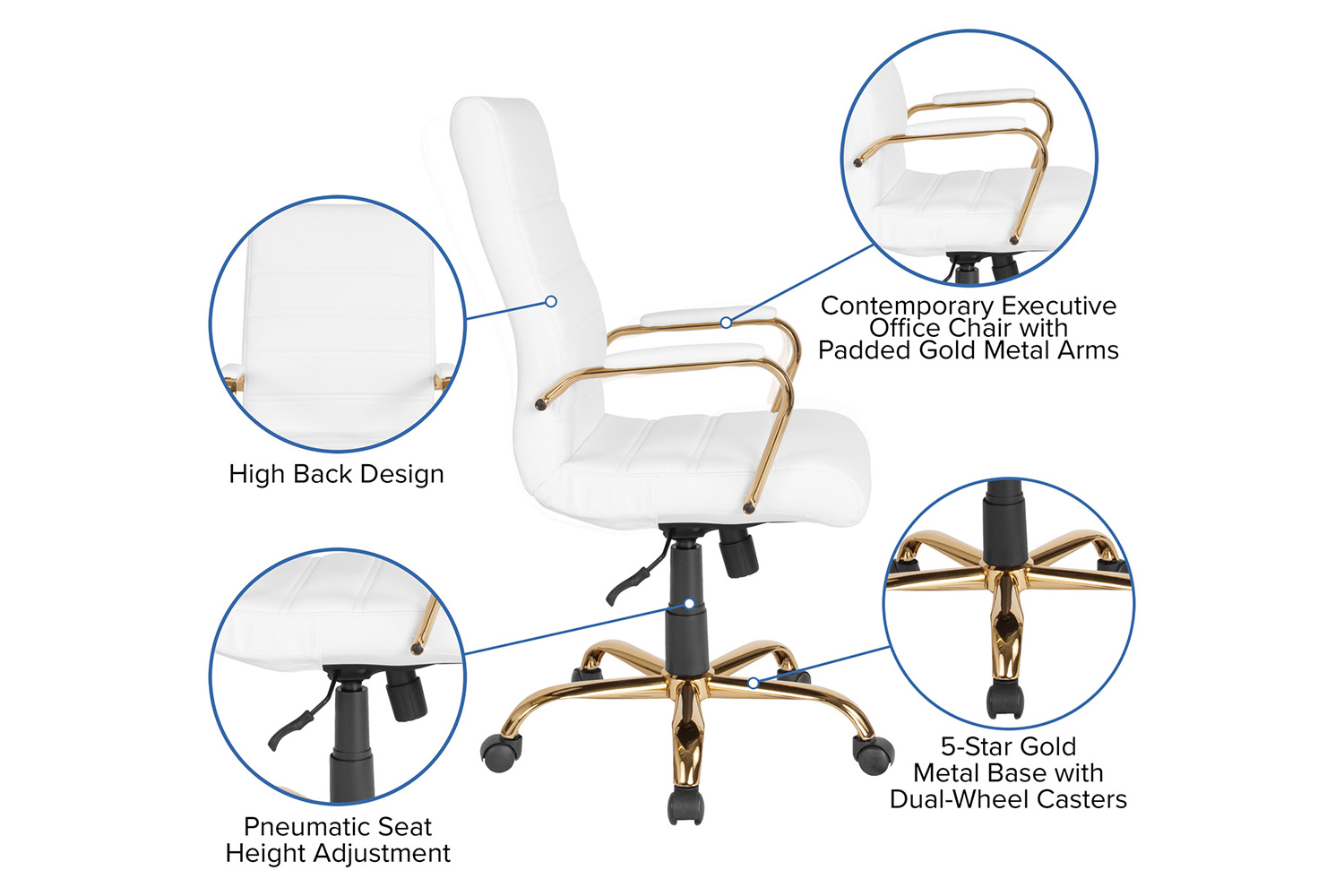 BLNK Whitney LeatherSoft High-Back Executive Swivel Office Chair with Gold Frame and Arms - White