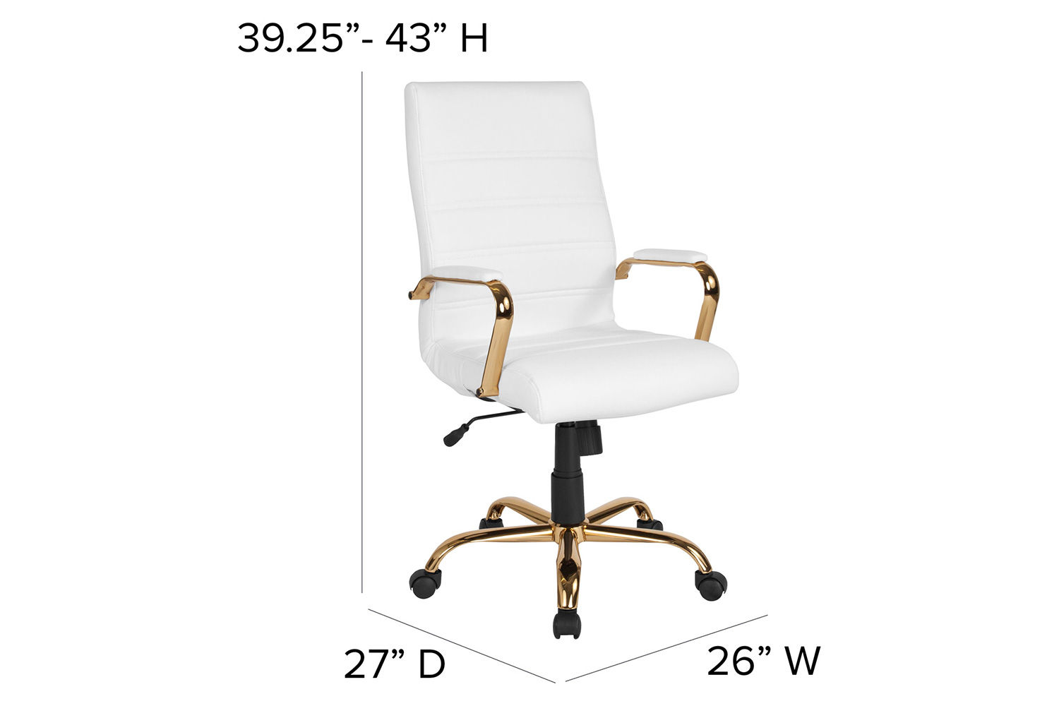 BLNK Whitney LeatherSoft High-Back Executive Swivel Office Chair with Gold Frame and Arms - White