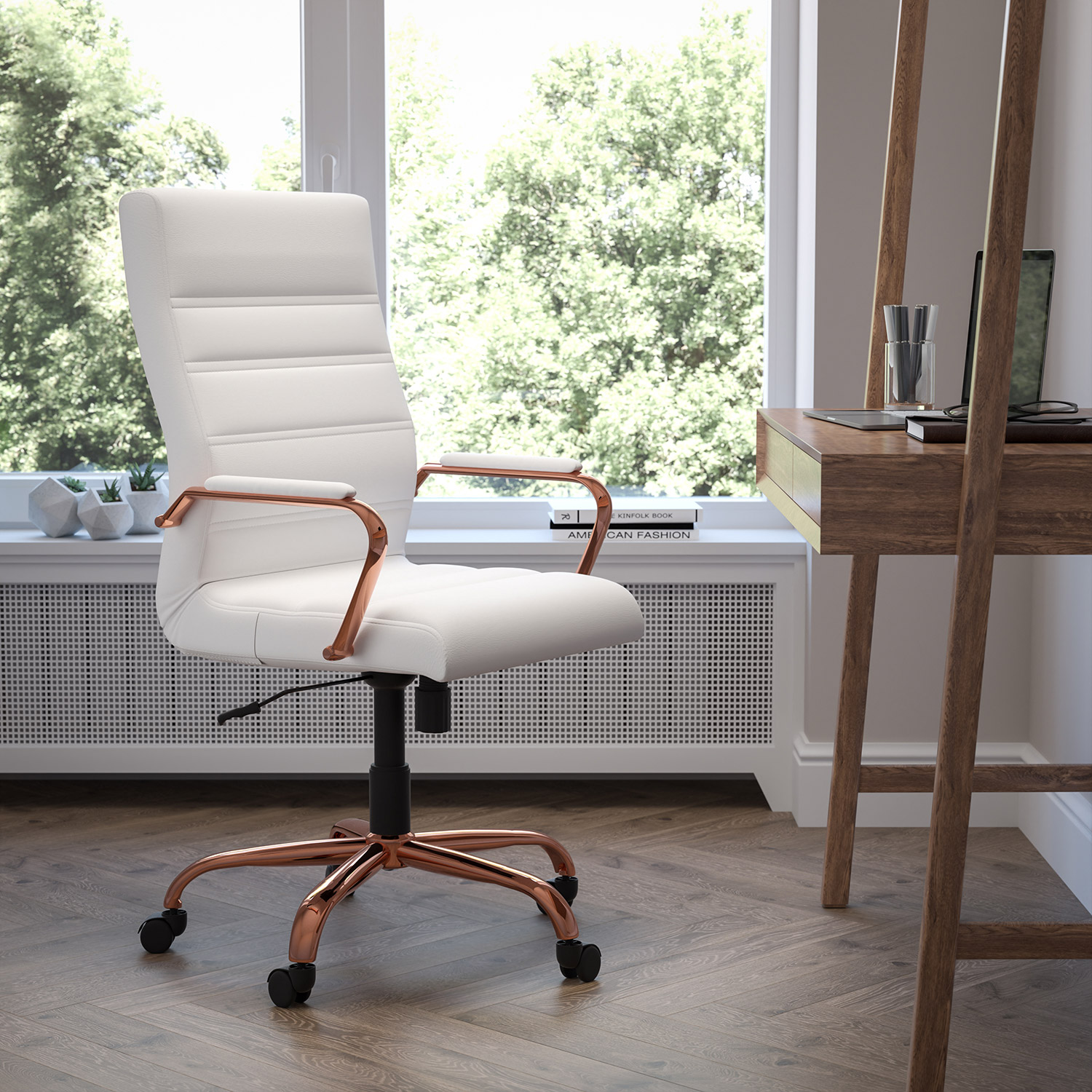 BLNK Whitney LeatherSoft High-Back Executive Swivel Office Chair with Rose Gold Frame and Arms