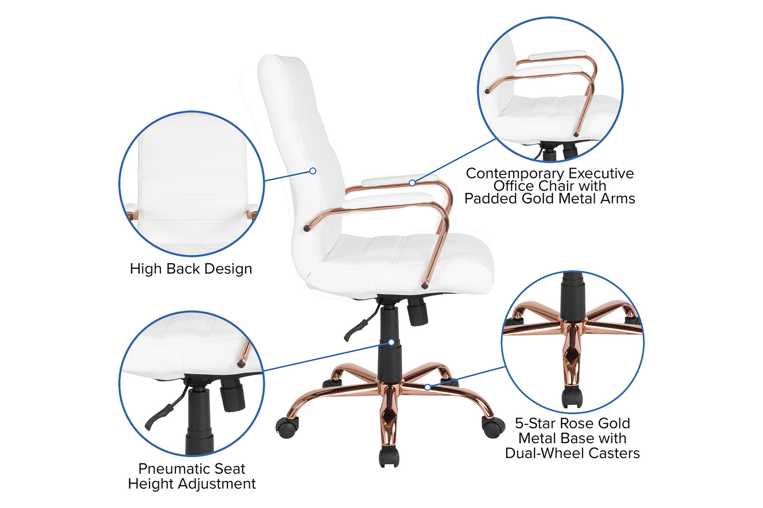 BLNK™ Whitney LeatherSoft High-Back Executive Swivel Office Chair with Rose Gold Frame and Arms - White