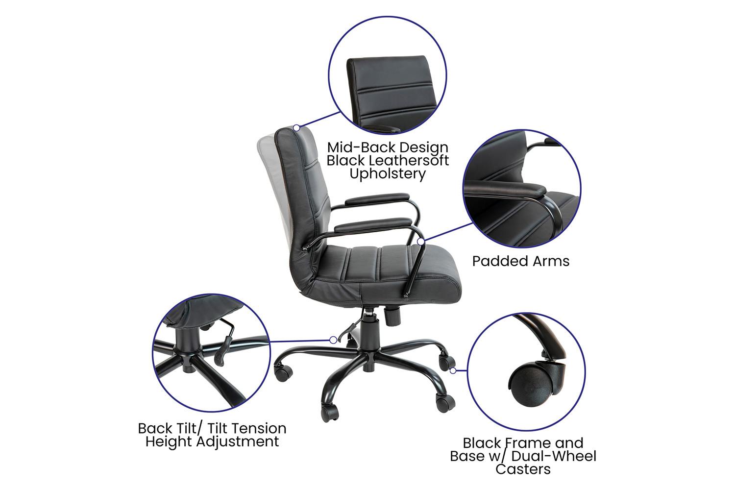 BLNK Whitney LeatherSoft Mid-Back Executive Swivel Office Chair with Black Frame and Arms - Black