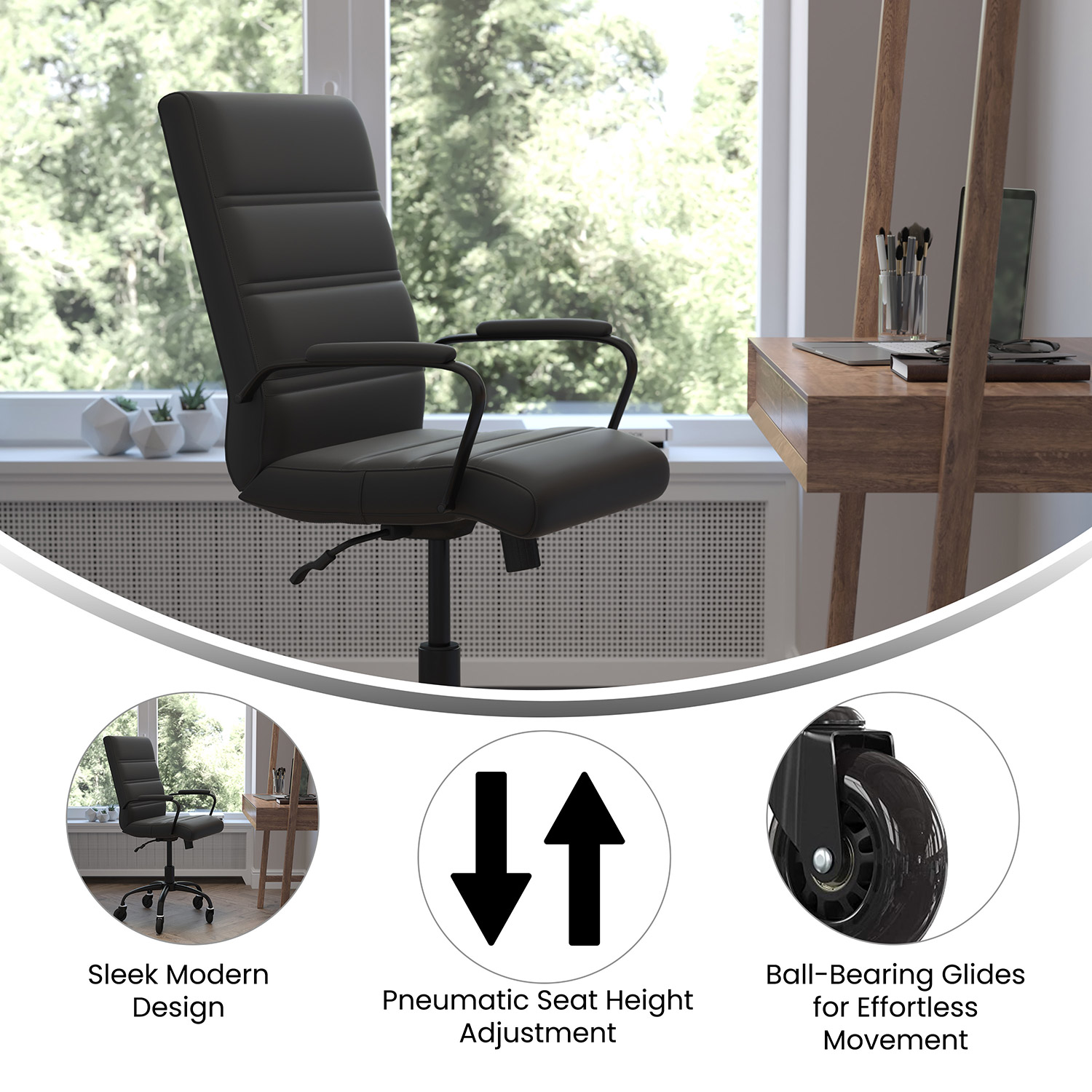 BLNK Camilia LeatherSoft Executive Swivel Office Chair with Arms and Transparent Roller Wheels - Black