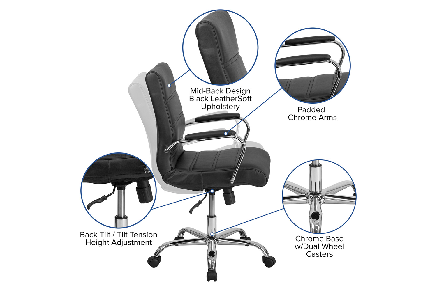 BLNK Whitney LeatherSoft Mid-Back Executive Swivel Office Chair with Chrome Frame and Arms - Black