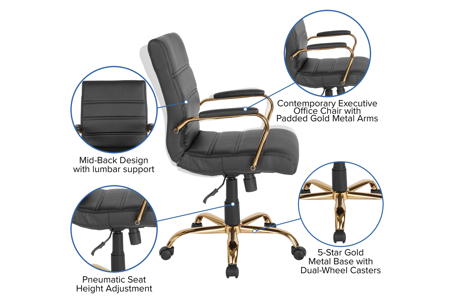 BLNK Whitney LeatherSoft Mid-Back Executive Swivel Office Chair with Gold Frame and Arms - Black