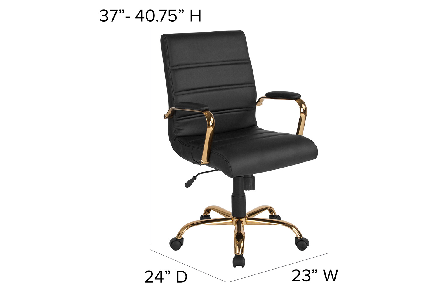 BLNK Whitney LeatherSoft Mid-Back Executive Swivel Office Chair with Gold Frame and Arms - Black