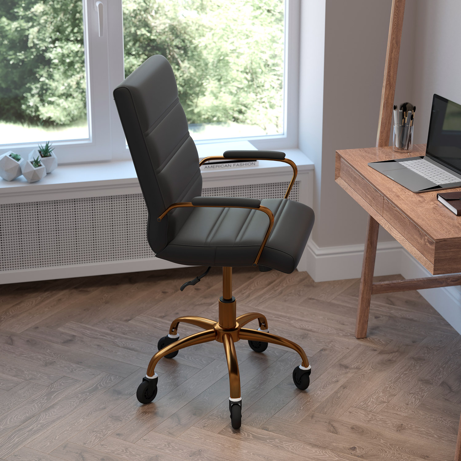 BLNK Camilia LeatherSoft Executive Swivel Office Chair with Gold Frame, Arms, and Transparent Roller Wheels