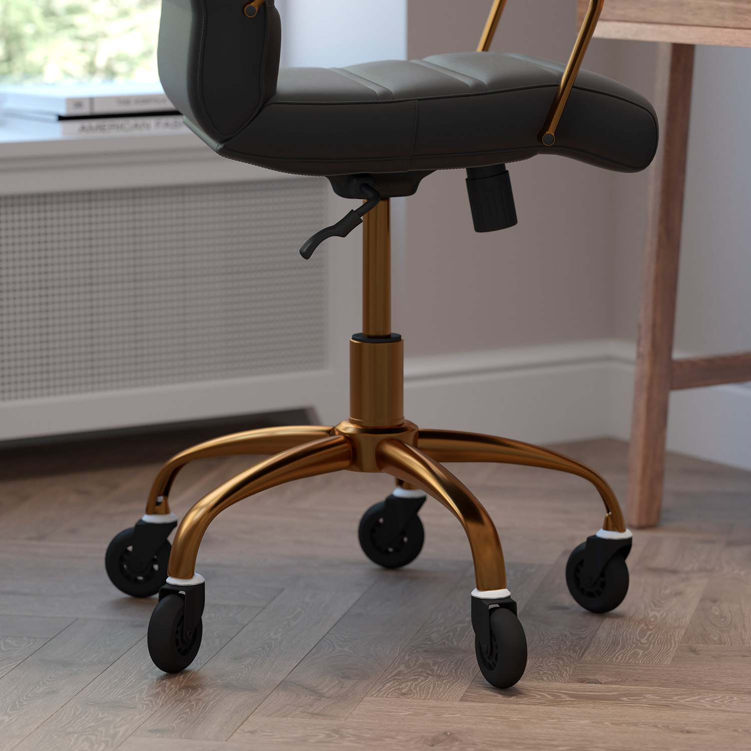 BLNK Camilia LeatherSoft Executive Swivel Office Chair with Gold Frame, Arms, and Transparent Roller Wheels - Black