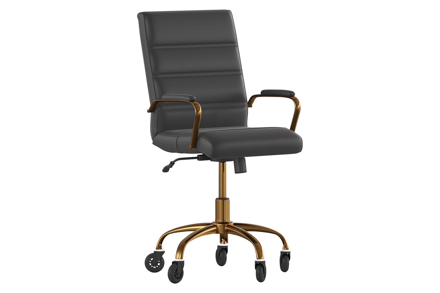 BLNK Camilia LeatherSoft Executive Swivel Office Chair with Gold Frame, Arms, and Transparent Roller Wheels - Black