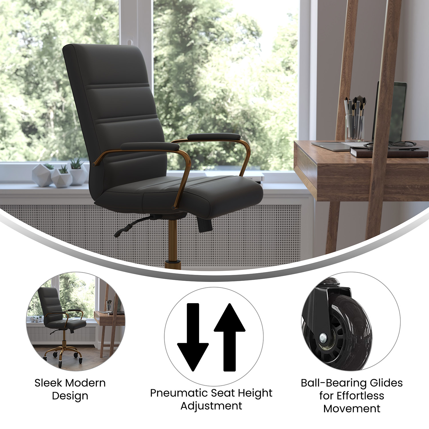 BLNK Camilia LeatherSoft Executive Swivel Office Chair with Gold Frame, Arms, and Transparent Roller Wheels - Black