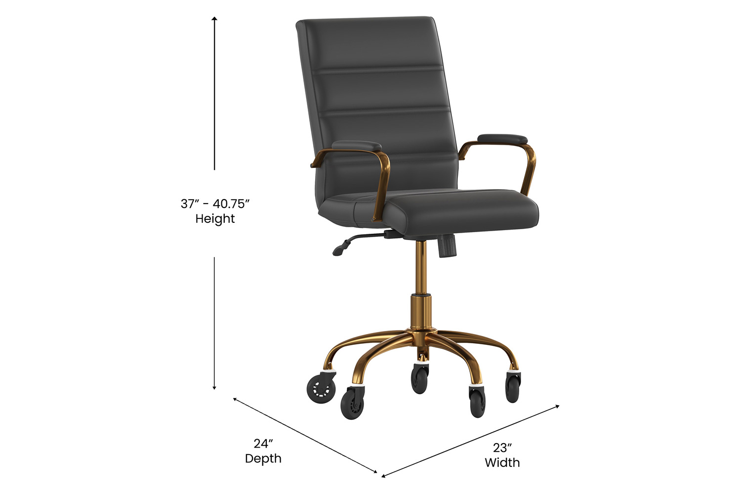 BLNK Camilia LeatherSoft Executive Swivel Office Chair with Gold Frame, Arms, and Transparent Roller Wheels - Black