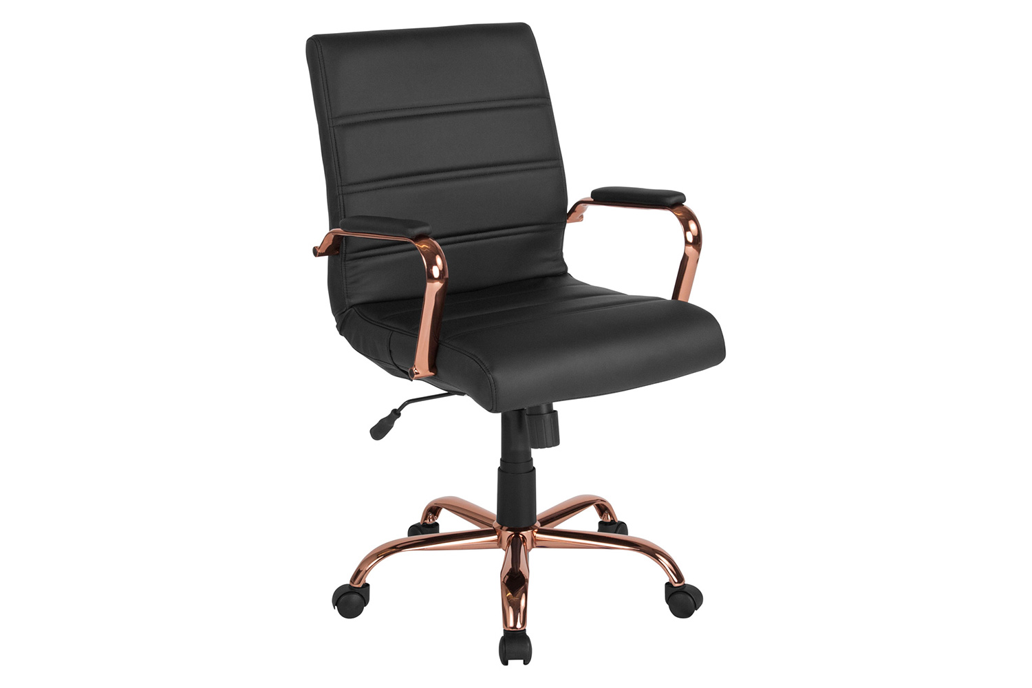 BLNK Whitney LeatherSoft Mid-Back Executive Swivel Office Chair with Rose Gold Frame and Arms - Black