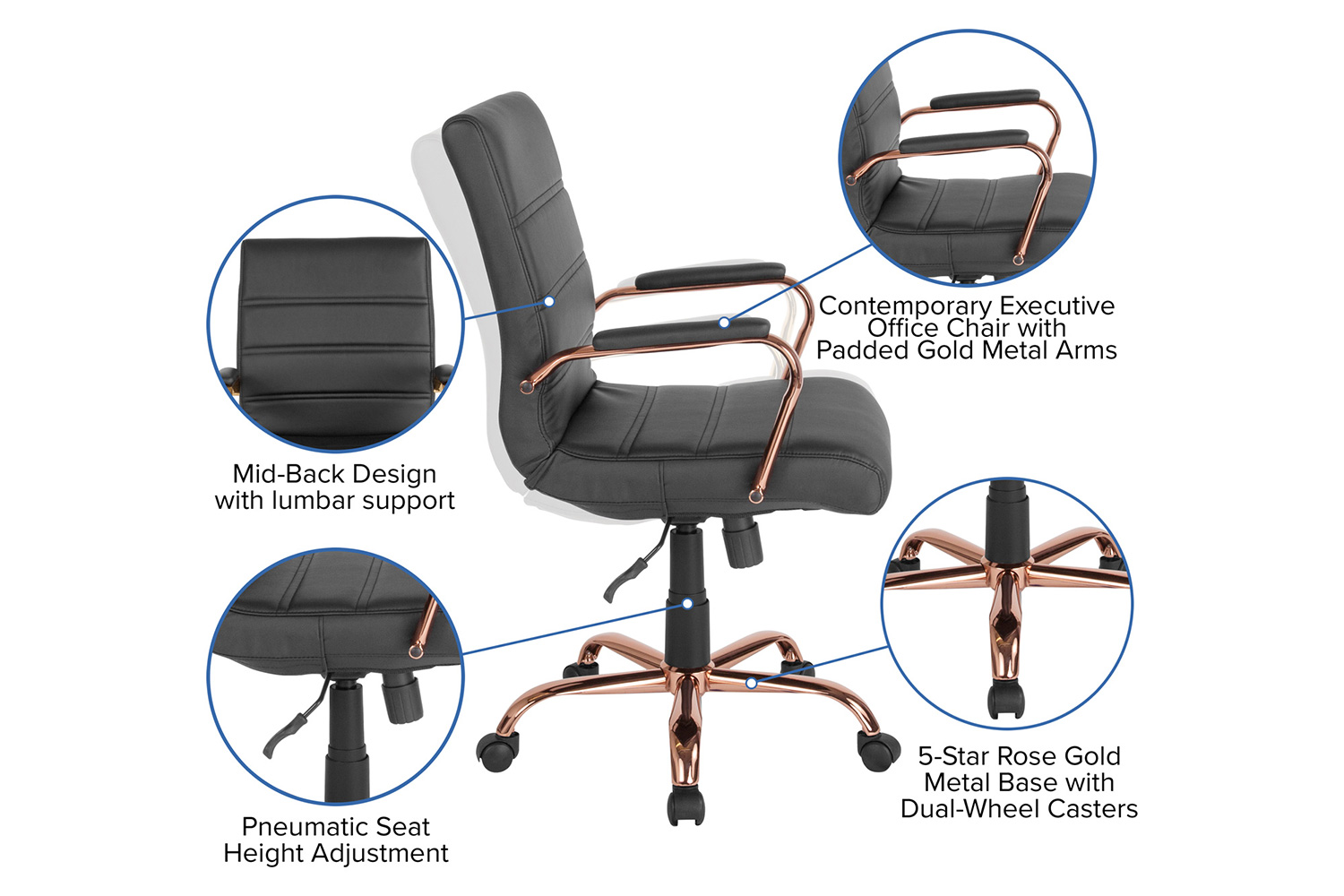 BLNK Whitney LeatherSoft Mid-Back Executive Swivel Office Chair with Rose Gold Frame and Arms - Black