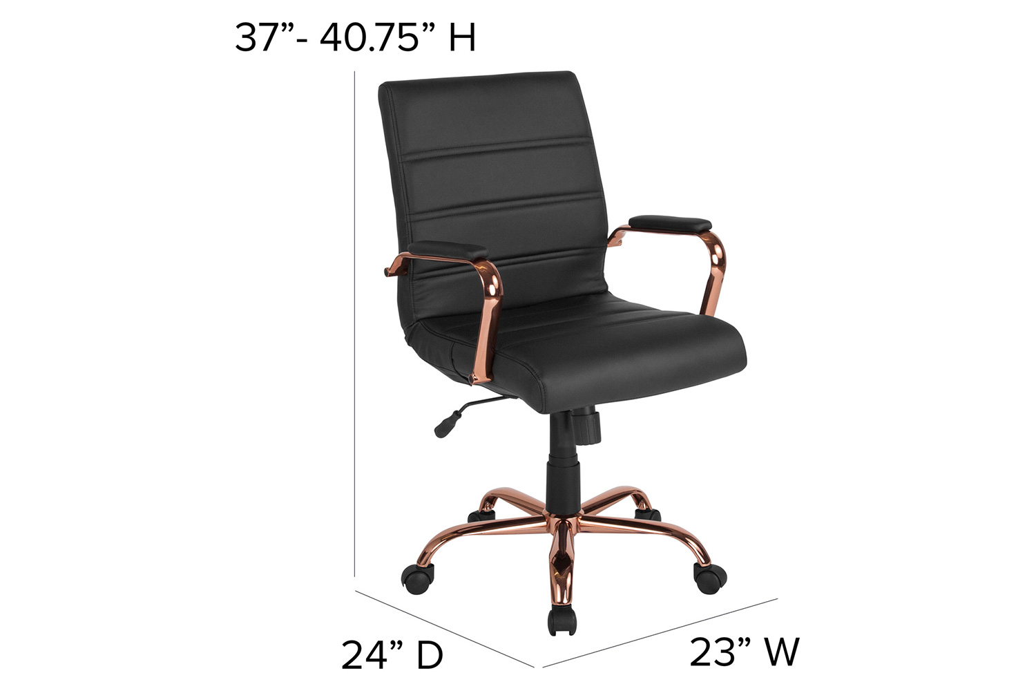 BLNK Whitney LeatherSoft Mid-Back Executive Swivel Office Chair with Rose Gold Frame and Arms - Black