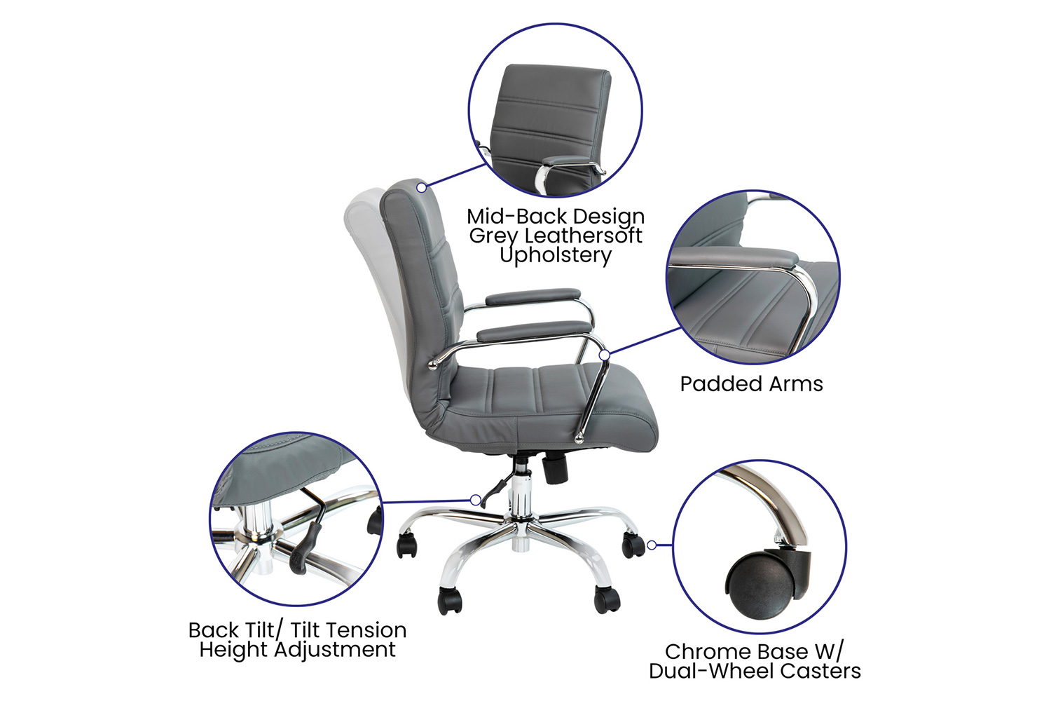 BLNK Whitney LeatherSoft Mid-Back Executive Swivel Office Chair with Chrome Frame and Arms - Gray