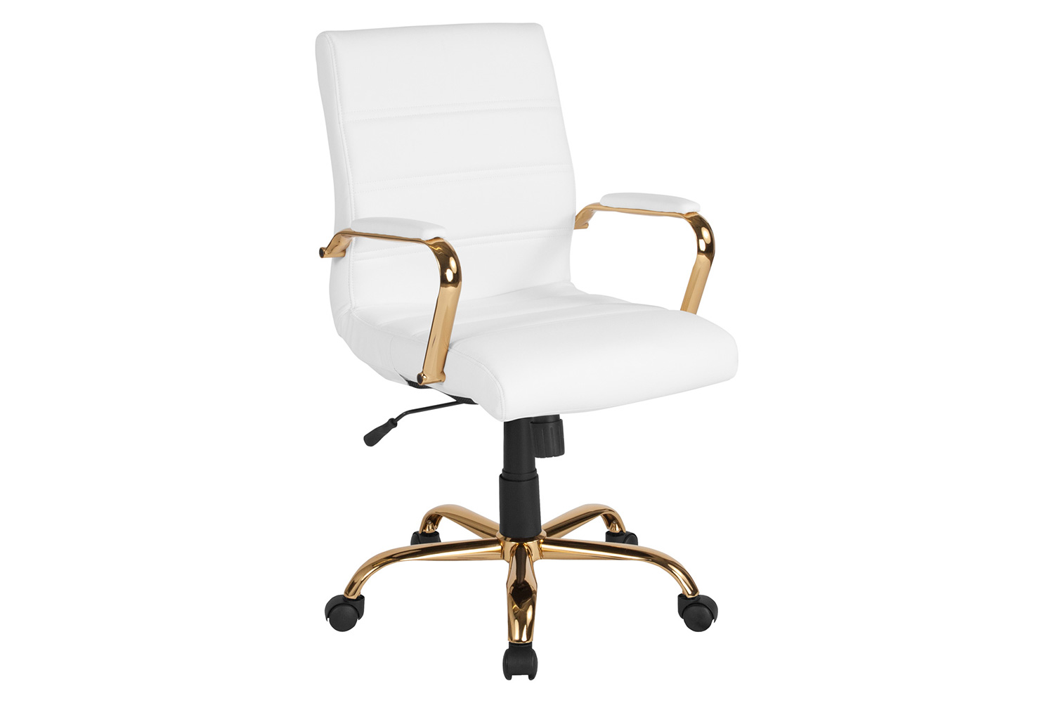 BLNK Whitney LeatherSoft Mid-Back Executive Swivel Office Chair with Gold Frame and Arms - White