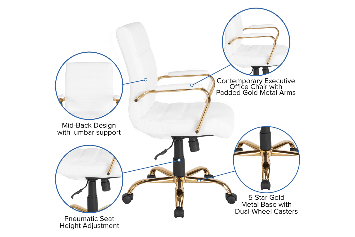 BLNK Whitney LeatherSoft Mid-Back Executive Swivel Office Chair with Gold Frame and Arms - White