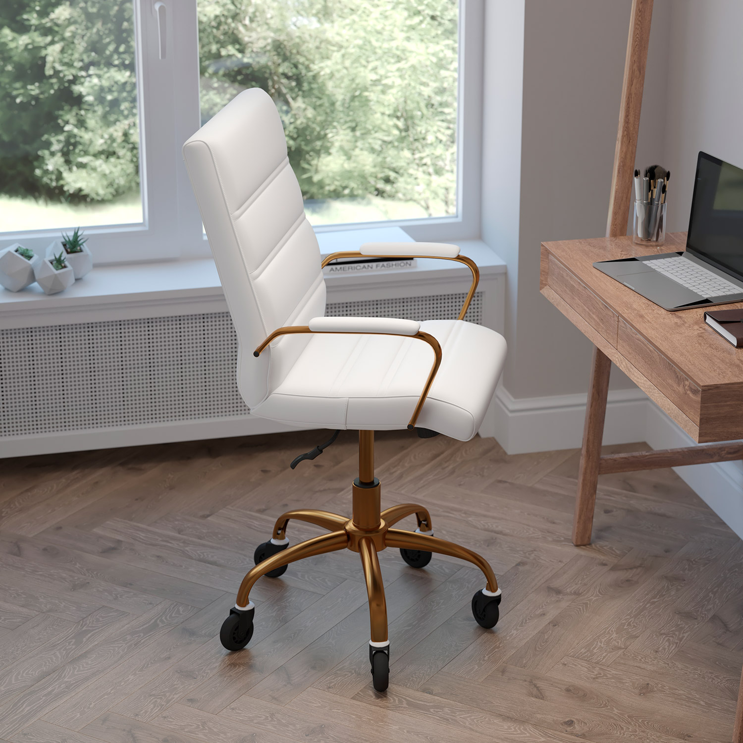 BLNK Camilia LeatherSoft Executive Swivel Office Chair with Gold Frame, Arms, and Transparent Roller Wheels - White