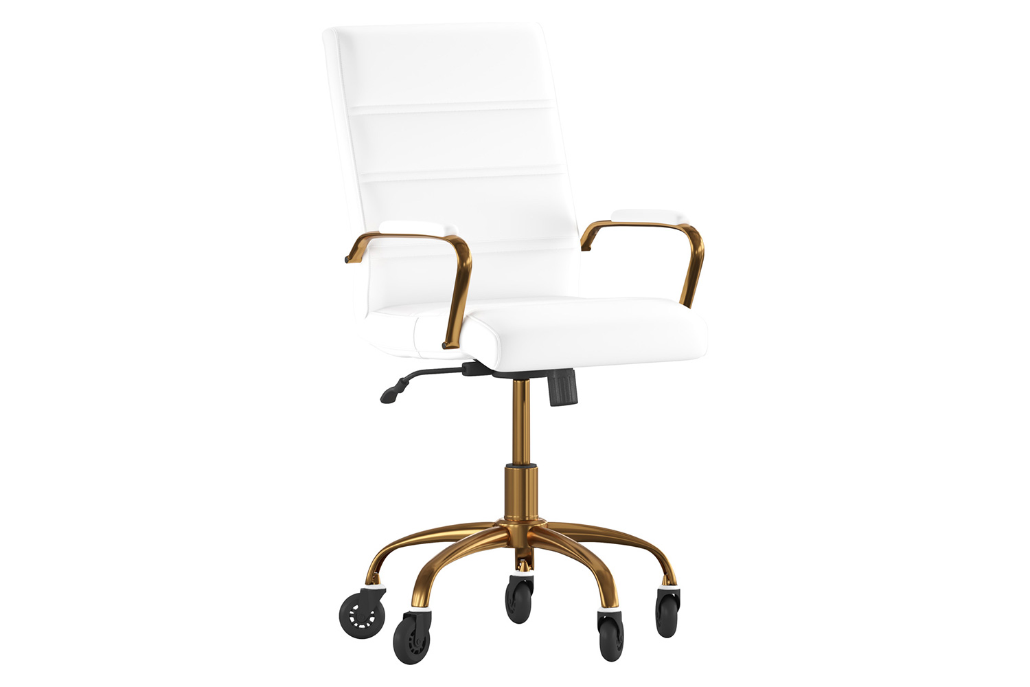 BLNK Camilia LeatherSoft Executive Swivel Office Chair with Gold Frame, Arms, and Transparent Roller Wheels - White