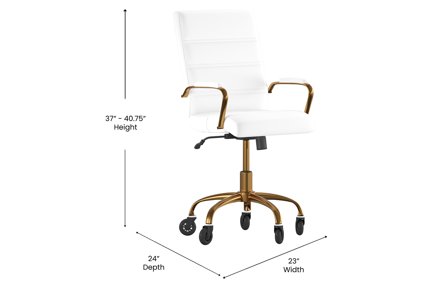 BLNK Camilia LeatherSoft Executive Swivel Office Chair with Gold Frame, Arms, and Transparent Roller Wheels - White