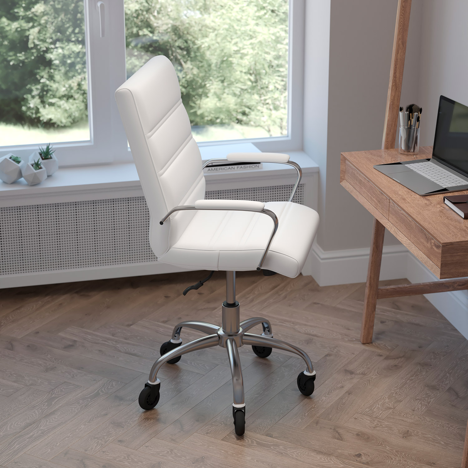 BLNK Camilia LeatherSoft Executive Swivel Office Chair with Chrome Frame, Arms, and Transparent Roller Wheels - White