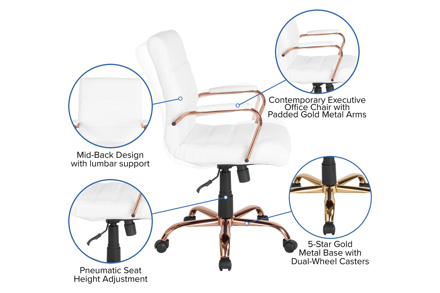 BLNK Whitney LeatherSoft Mid-Back Executive Swivel Office Chair with Rose Gold Frame and Arms - White