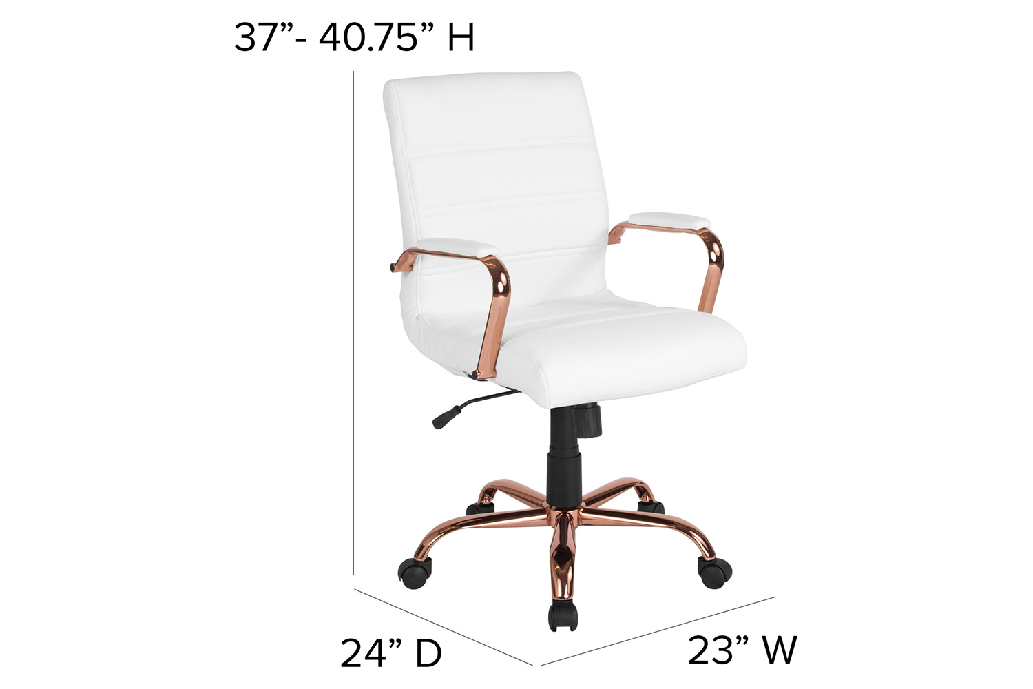 BLNK Whitney LeatherSoft Mid-Back Executive Swivel Office Chair with Rose Gold Frame and Arms - White