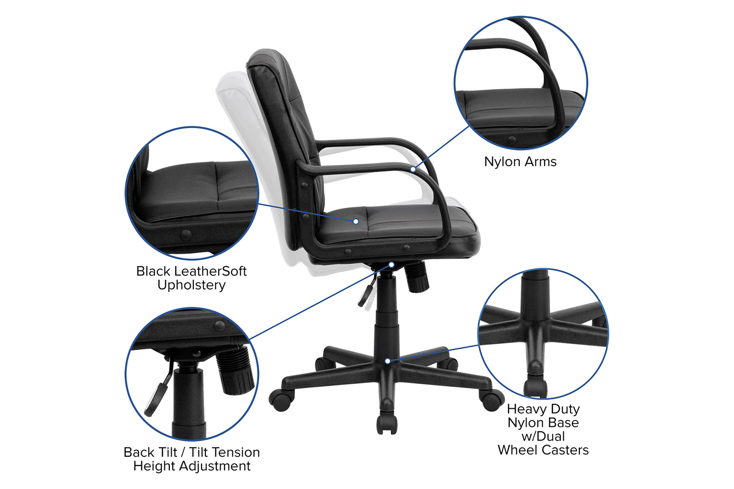 BLNK - Rider LeatherSoft Mid-Back Swivel Task Office Chair with Arms