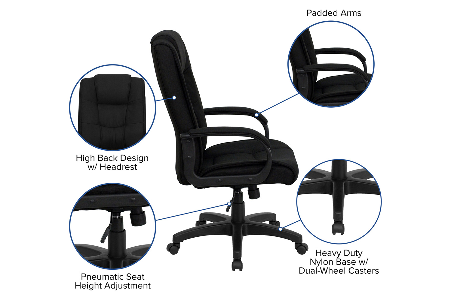 BLNK Jessica Fabric High Back Executive Swivel Office Chair with Arms - Black