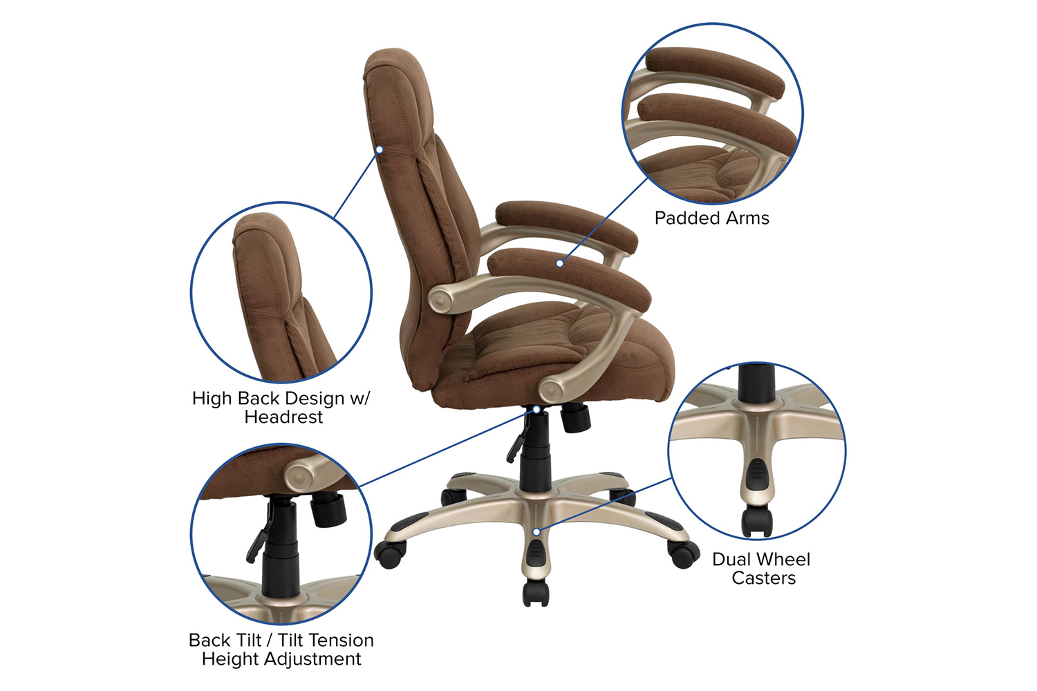 BLNK Jessie Microfiber High-Back Contemporary Executive Swivel Ergonomic Office Chair with Arms - Brown