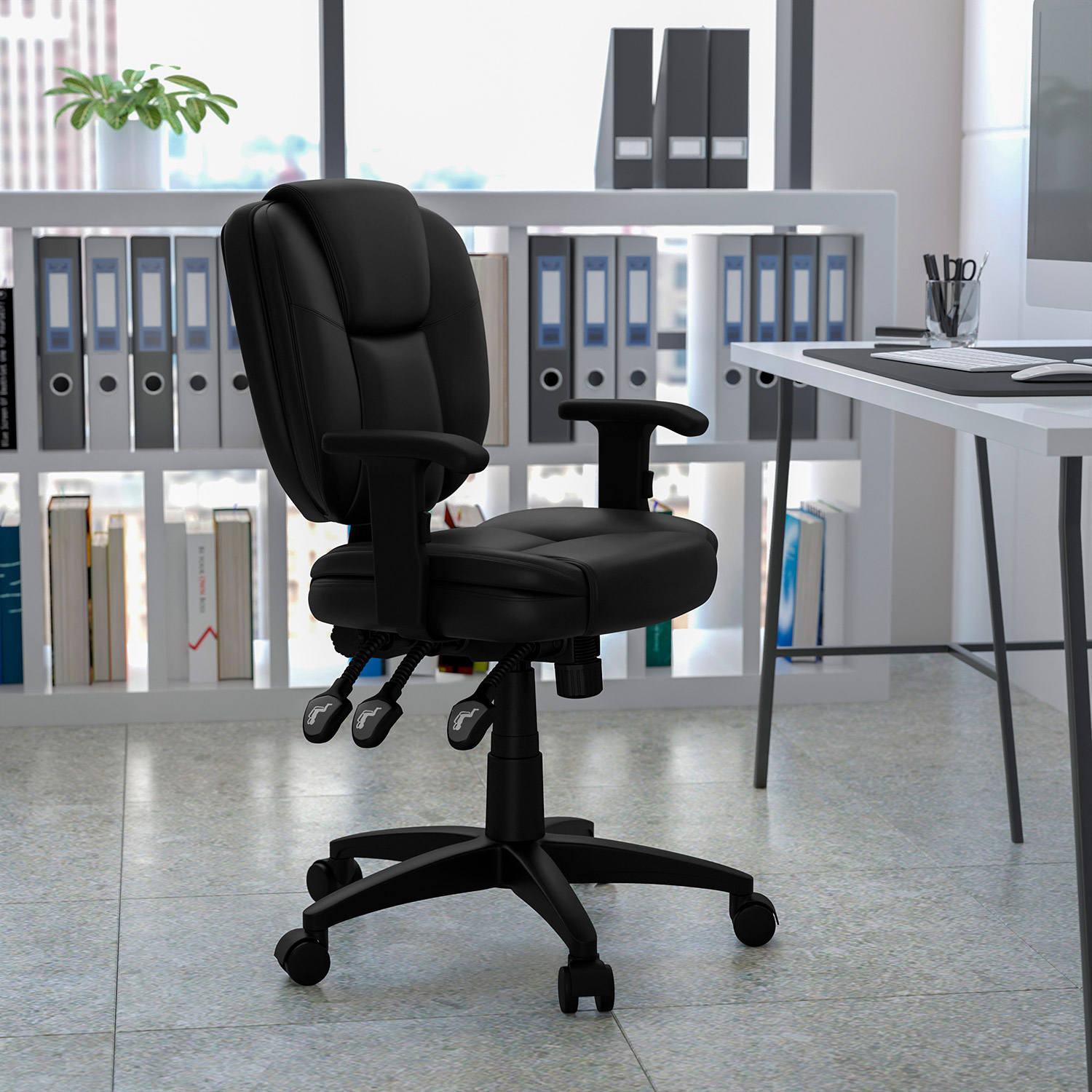 BLNK Caroline LeatherSoft Multifunction Swivel Ergonomic Task Office Chair with Pillow Top Cushioning - Black, with Arms