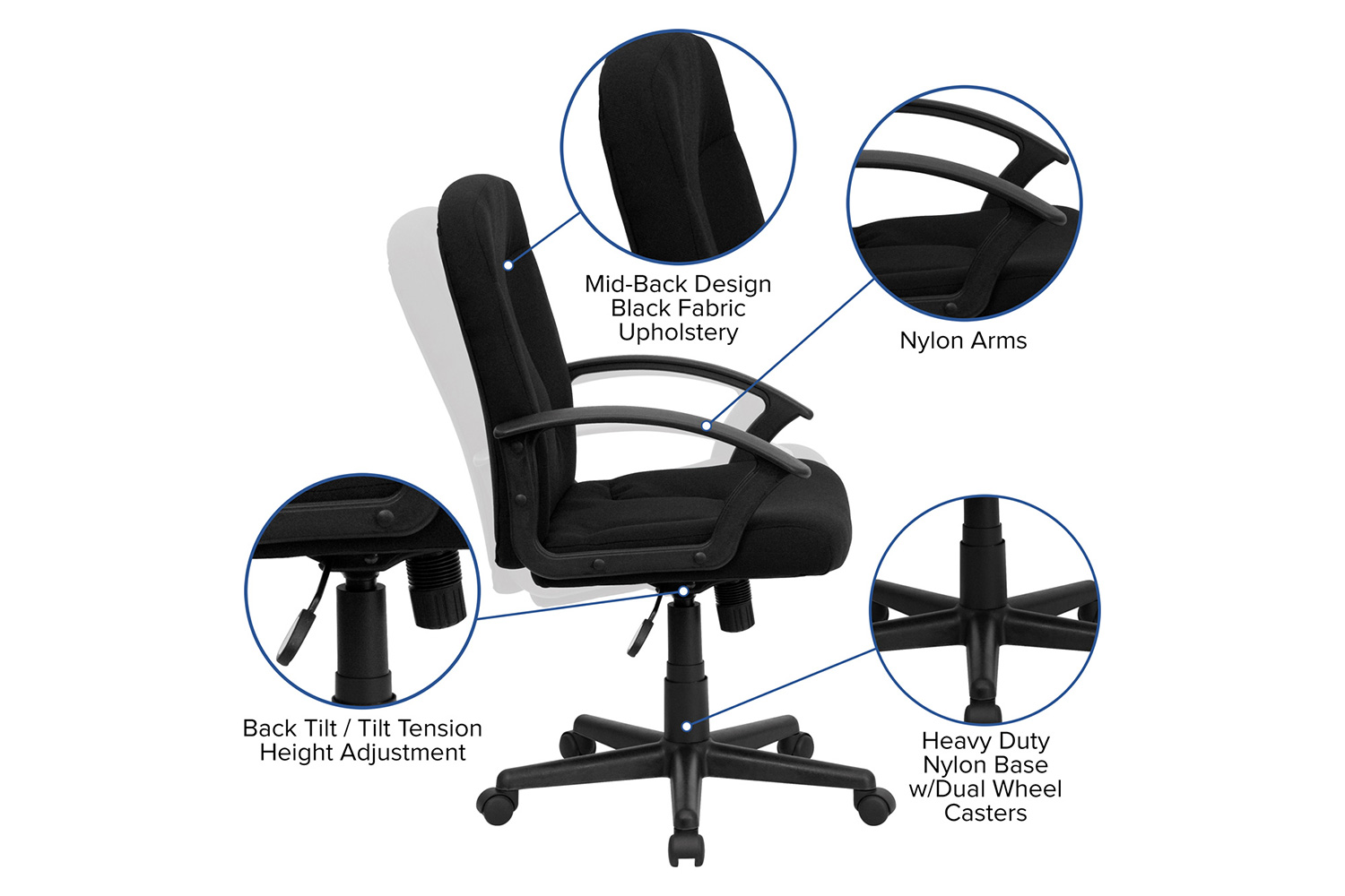 BLNK Garver Fabric Mid-Back Executive Swivel Office Chair with Nylon Arms - Black