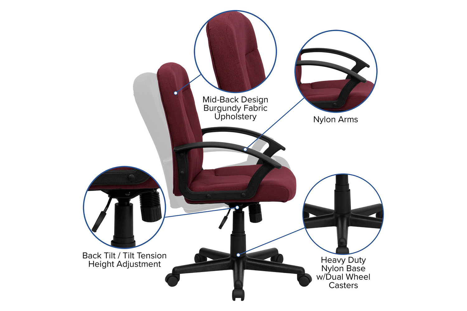 BLNK Garver Fabric Mid-Back Executive Swivel Office Chair with Nylon Arms - Burgundy