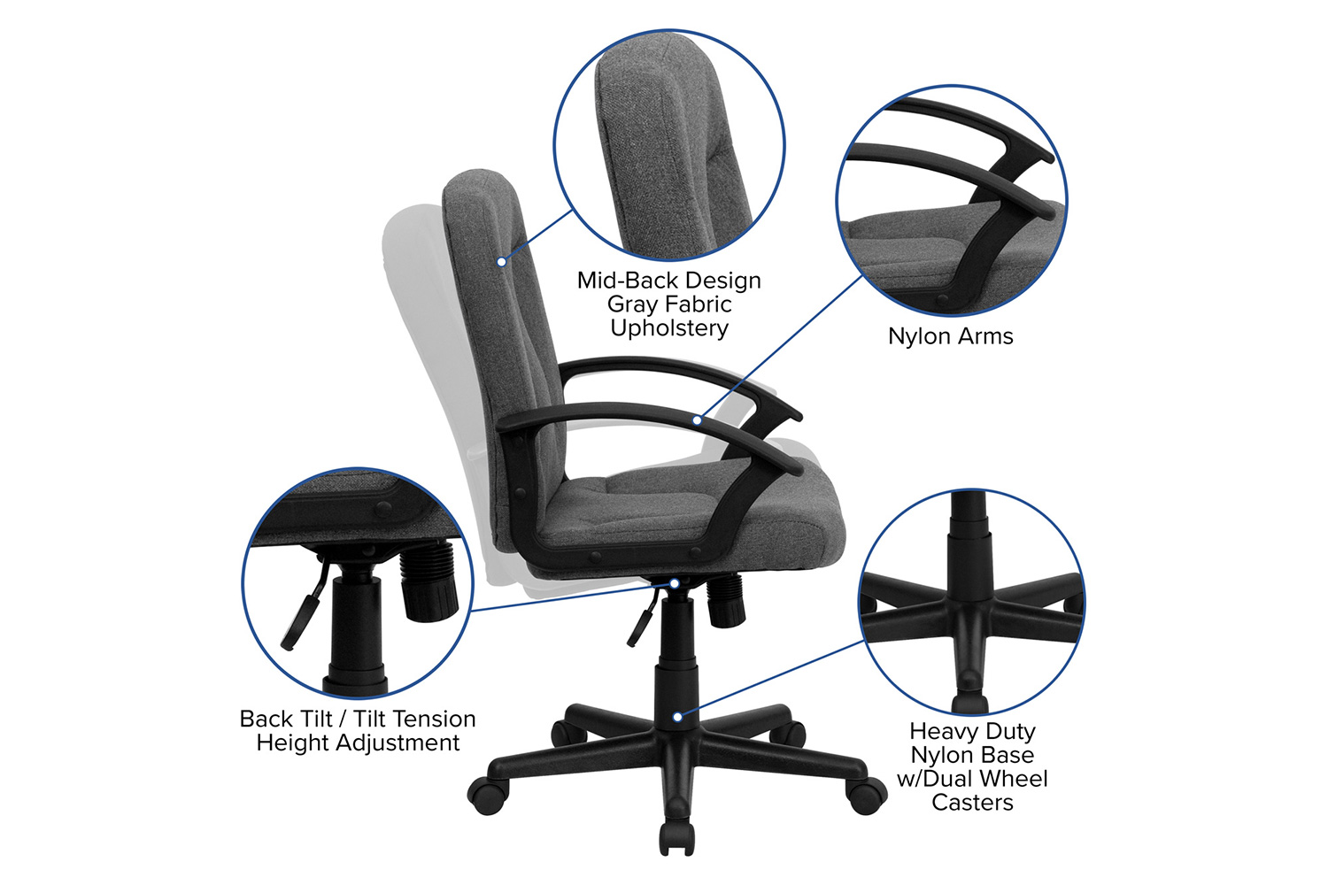 BLNK Garver Fabric Mid-Back Executive Swivel Office Chair with Nylon Arms - Gray