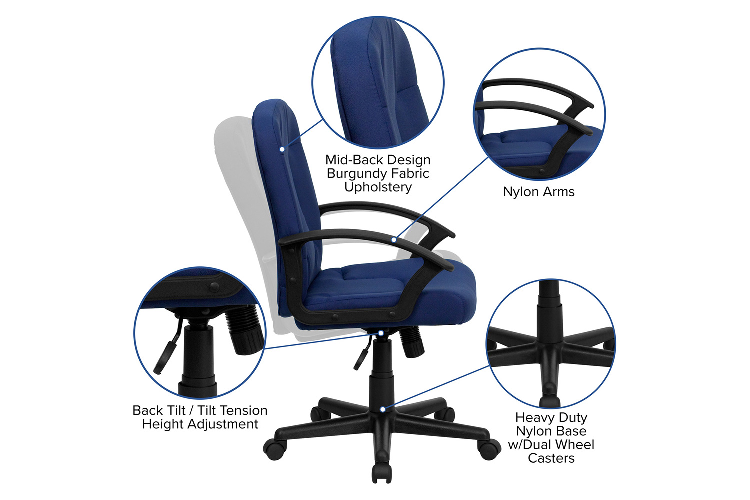 BLNK Garver Fabric Mid-Back Executive Swivel Office Chair with Nylon Arms - Navy