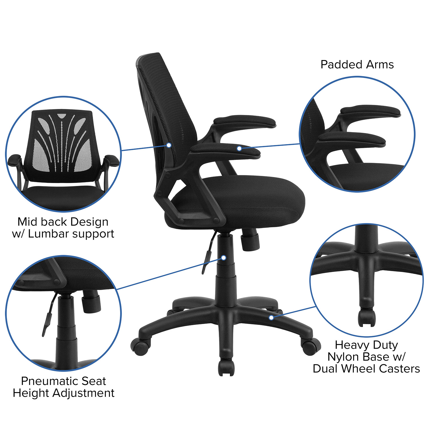 BLNK Sam Mid-Back Mesh Swivel Task Office Chair with Open Arms - Fabric