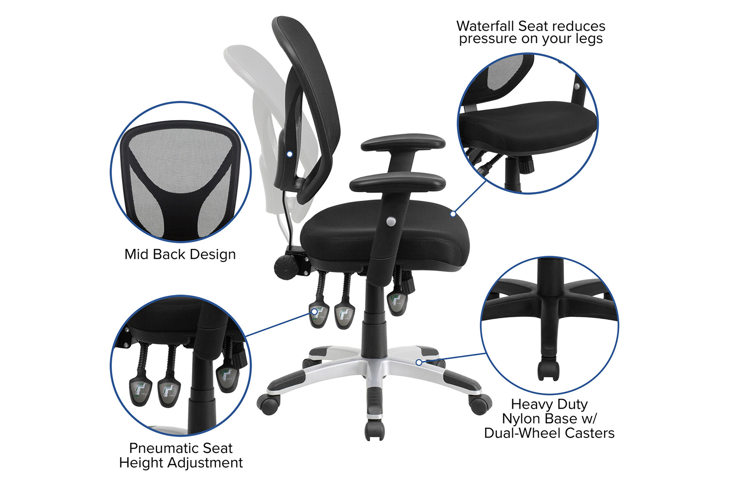 BLNK - Sam Mid-Back Mesh Multifunction Swivel Ergonomic Task Office Chair with Adjustable Arms