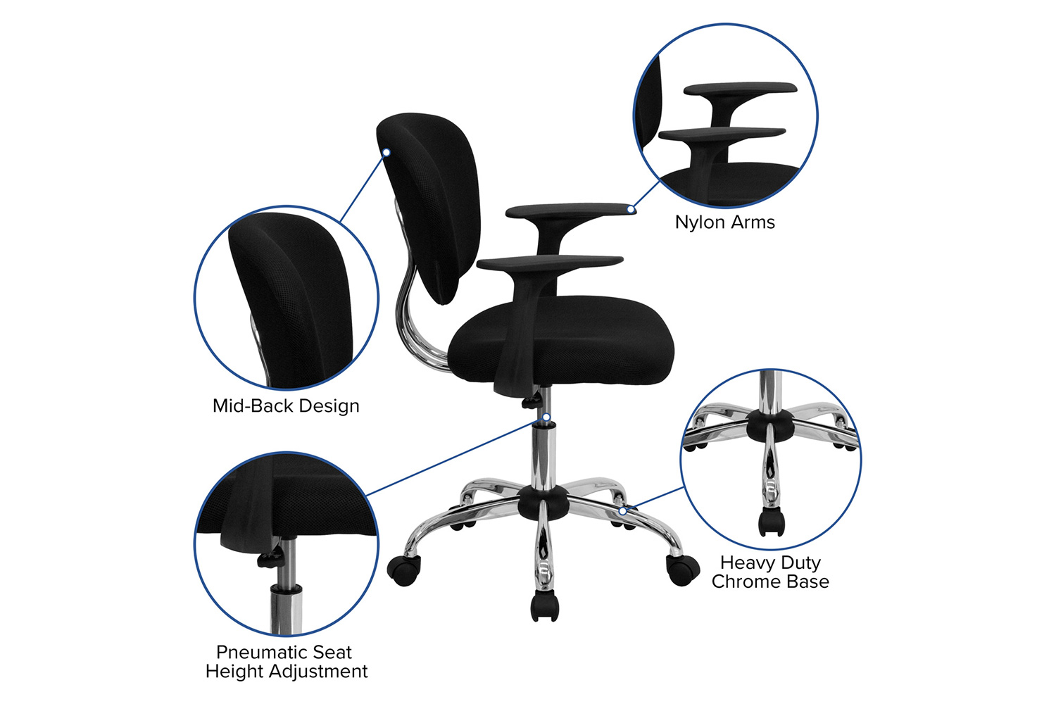 BLNK Beverly Mid-Back Mesh Padded Swivel Task Office Chair with Chrome Base - Black, with Arms