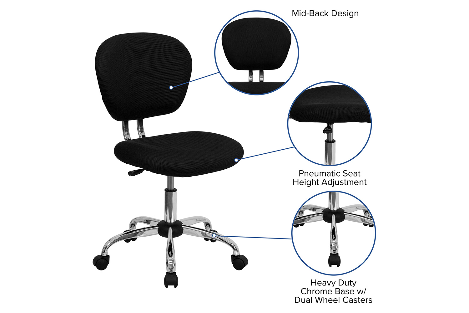 BLNK Beverly Mid-Back Mesh Padded Swivel Task Office Chair with Chrome Base - Black