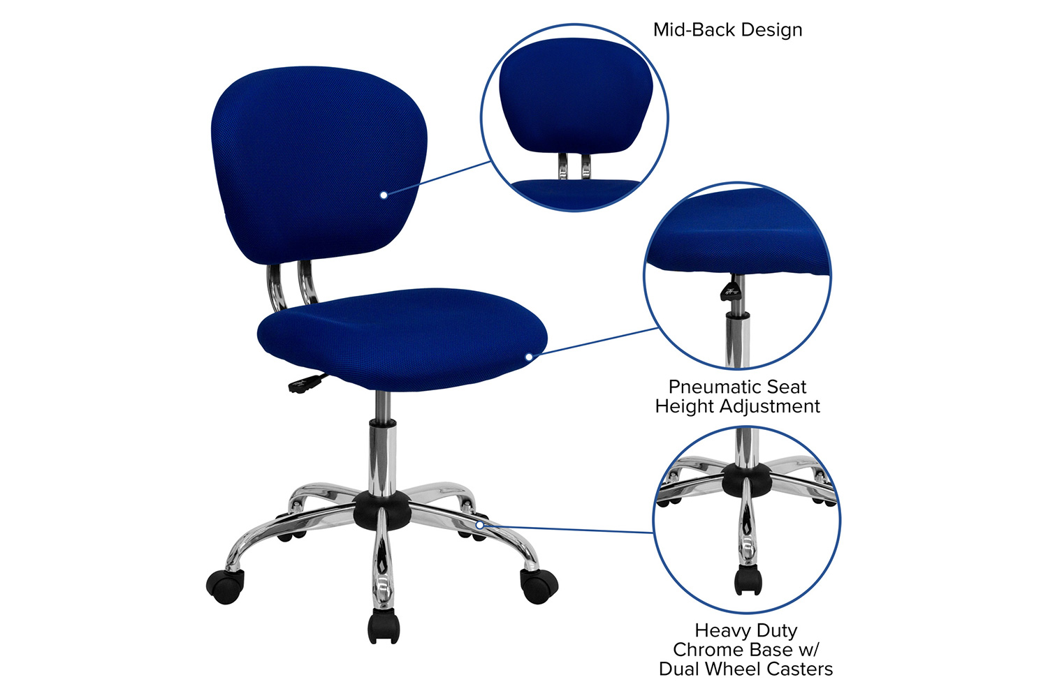 BLNK Beverly Mid-Back Mesh Padded Swivel Task Office Chair with Chrome Base - Blue