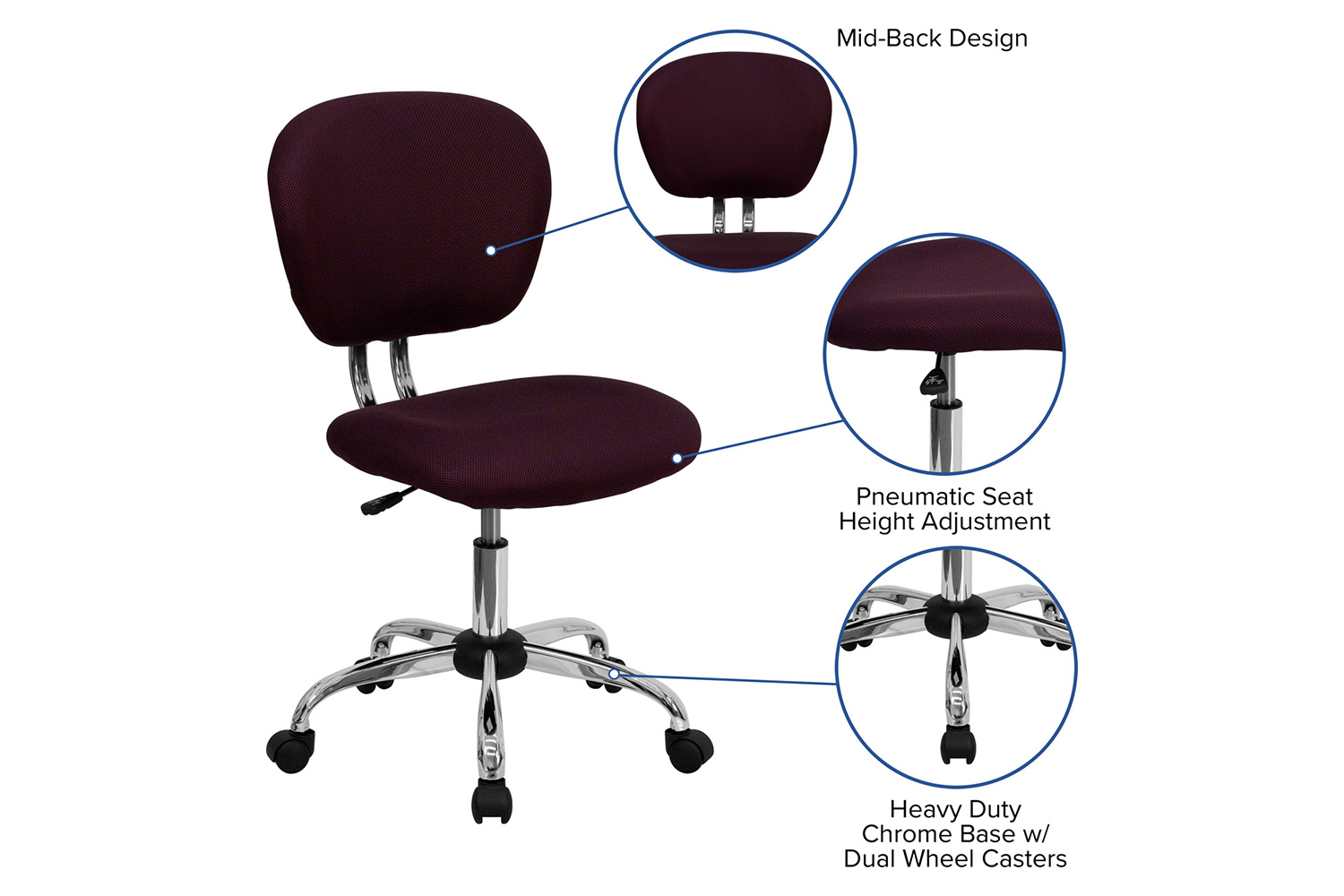 BLNK Beverly Mid-Back Mesh Padded Swivel Task Office Chair with Chrome Base - Burgundy