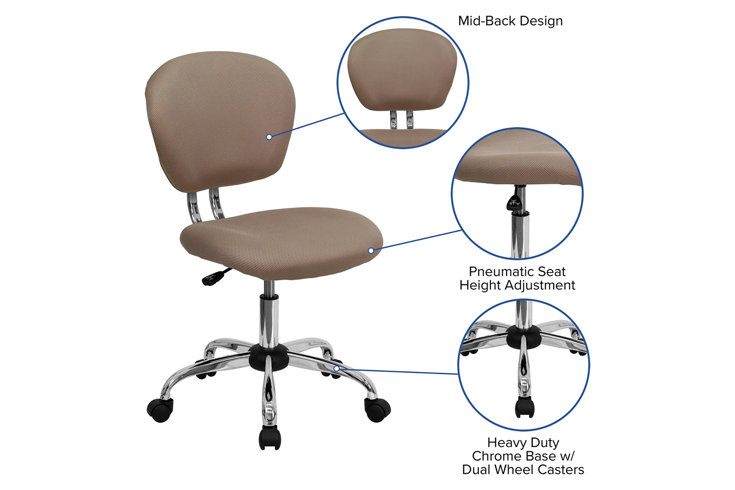 BLNK Beverly Mid-Back Mesh Padded Swivel Task Office Chair with Chrome Base - Coffee