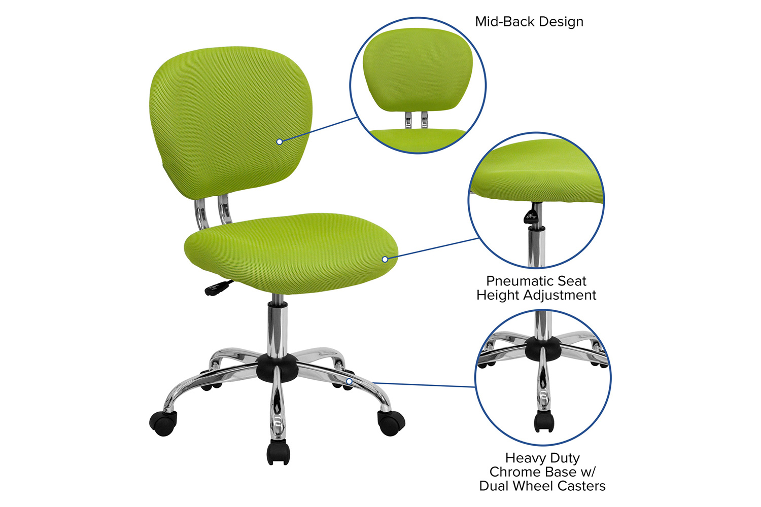 BLNK Beverly Mid-Back Mesh Padded Swivel Task Office Chair with Chrome Base - Apple Green