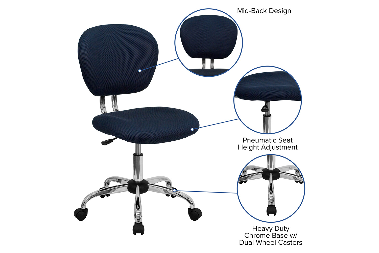 BLNK Beverly Mid-Back Mesh Padded Swivel Task Office Chair with Chrome Base - Navy