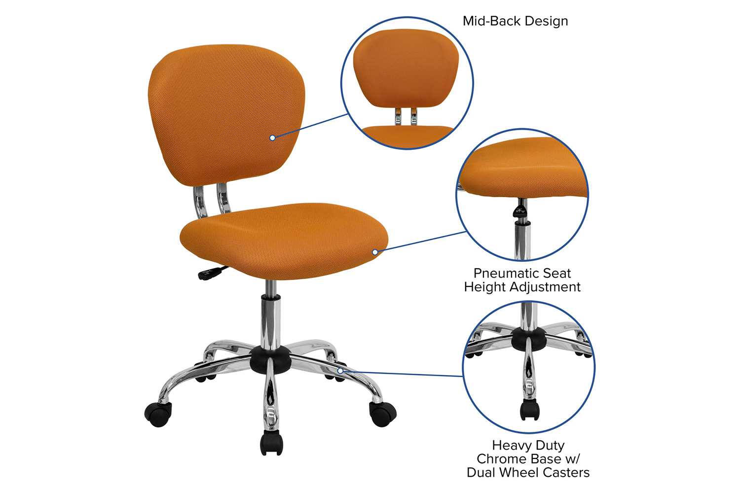 BLNK Beverly Mid-Back Mesh Padded Swivel Task Office Chair with Chrome Base - Orange