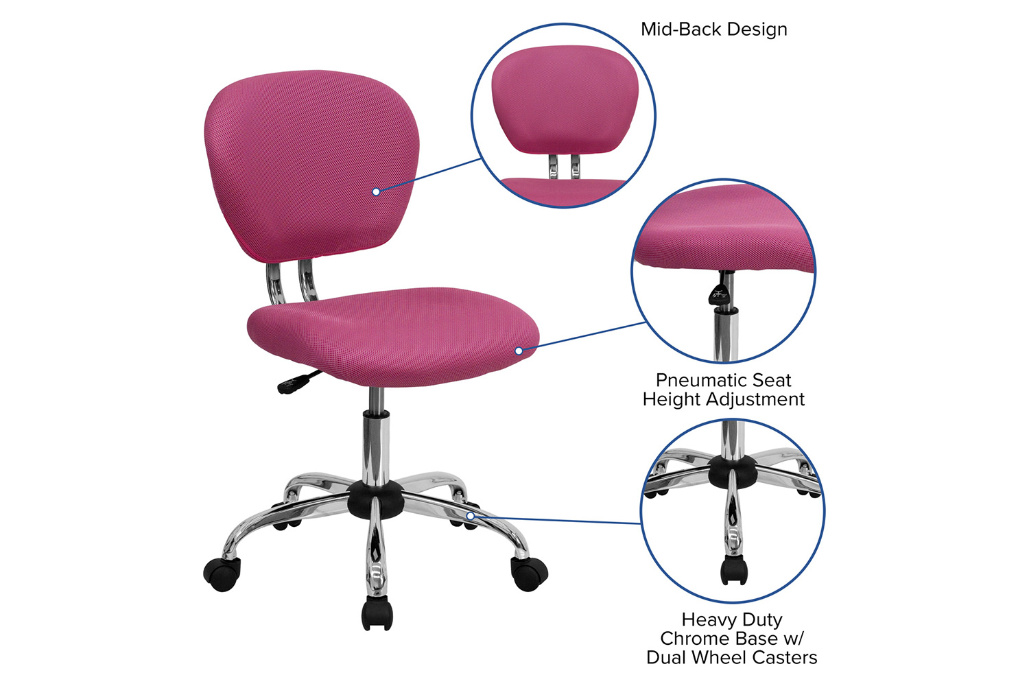 BLNK Beverly Mid-Back Mesh Padded Swivel Task Office Chair with Chrome Base - Pink